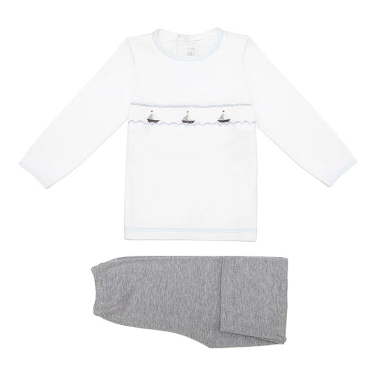 Hand-Smocked Grey Boat PJs