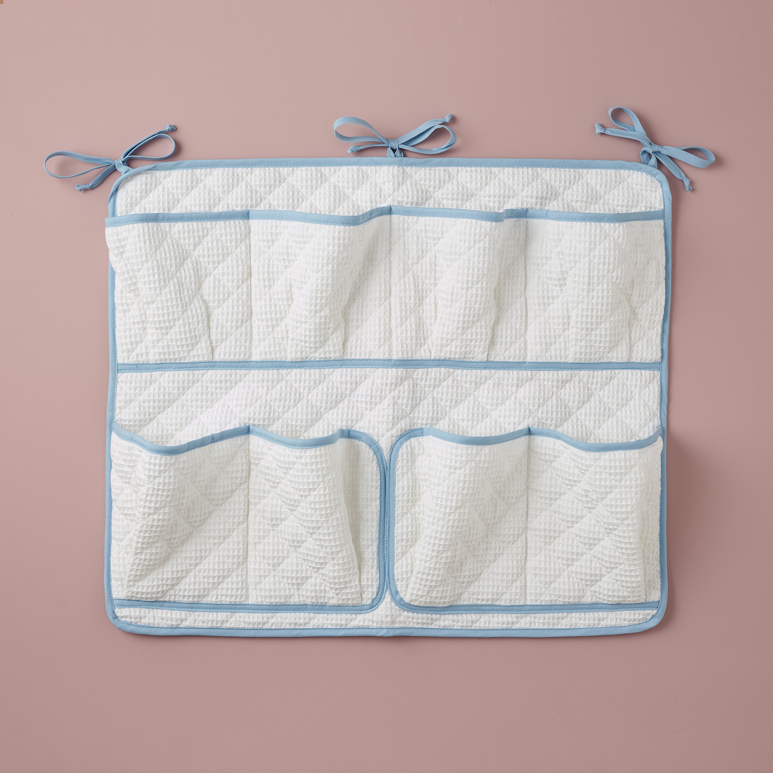 Cot Tidy - White Waffle Blue Trim